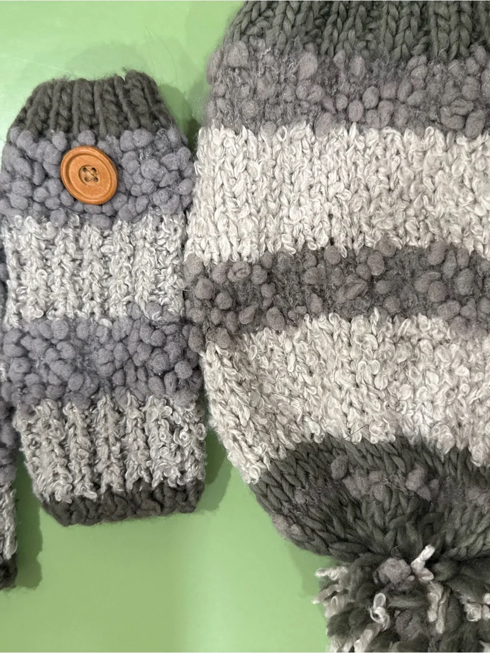 Striped Gray Knit Pom Beanie and Mittens Set with Button Accent